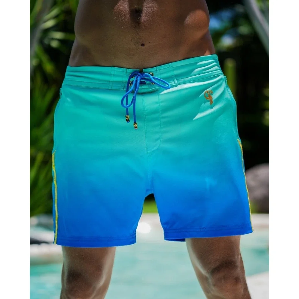 NEW Tucann Faded Ocean Swim Shorts Men Large 5 Inch Inseam Blue Teal Compression
